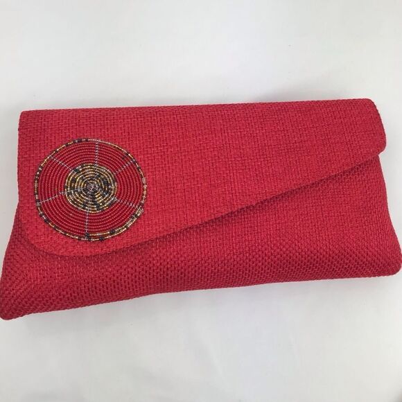 Boutique Red Burlap and Bead Medallion Summer Envelope Clutch Bag - Picture 1 of 14